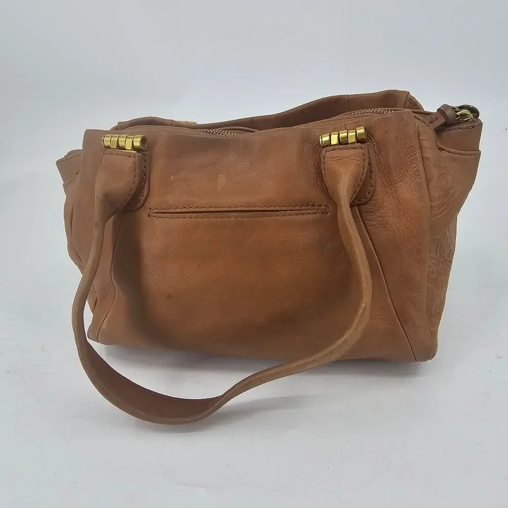 The Sak Serena Tan Brown Distressed Leather Satchel Bag Purse Western Boho Chic